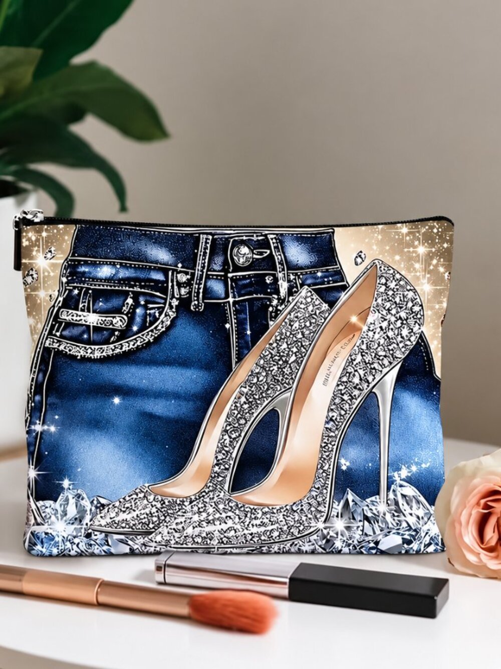 High Heel Denim Print Cosmetic Makeup Bag Zip Pouch Glam Travel Case